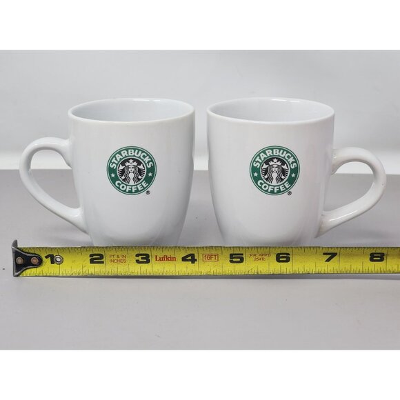 Starbucks Coffee White Ceramic Mugs Set Of 2 With Green Logo 12 Oz Capacity - Picture 8 of 9